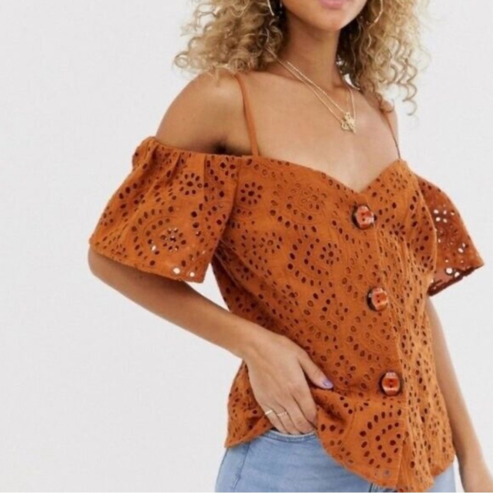 ASOS design broderie off shoulder top with contrast buttons